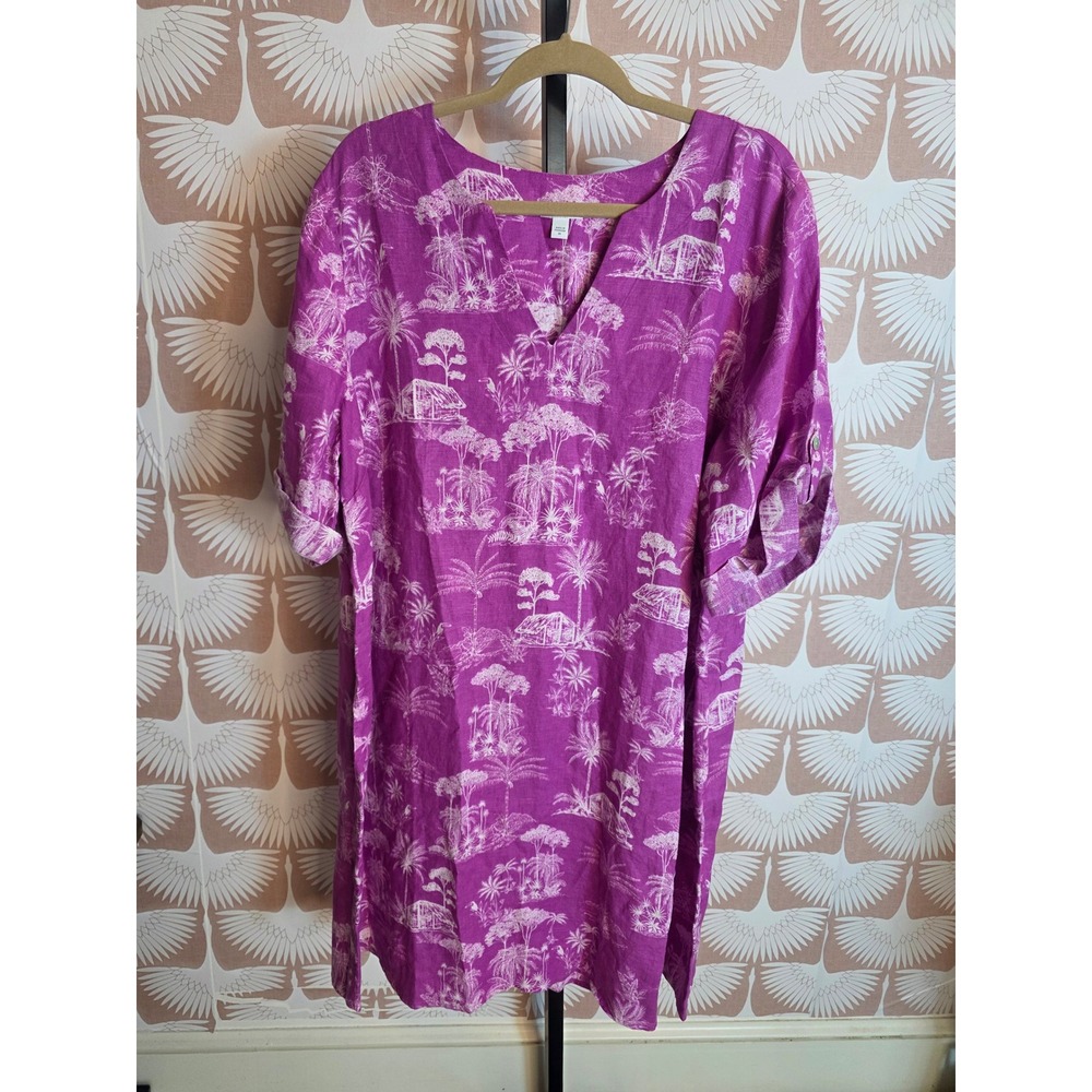 J. Jill Love Linen Purple Tropical Toile Tunic Dress 2X Plus Lilac Pockets
